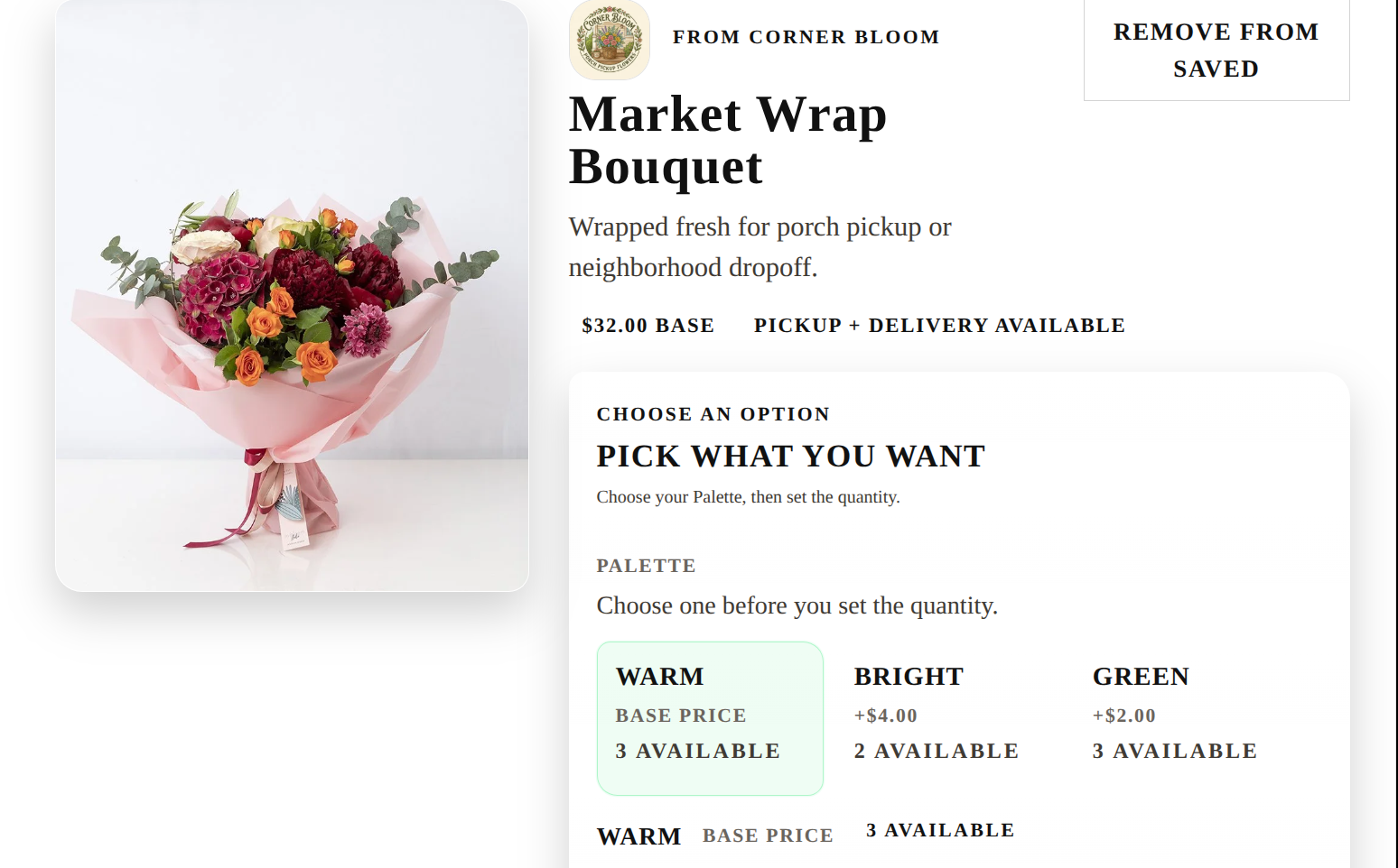 Buyer item page with item image, options, and add to cart actions