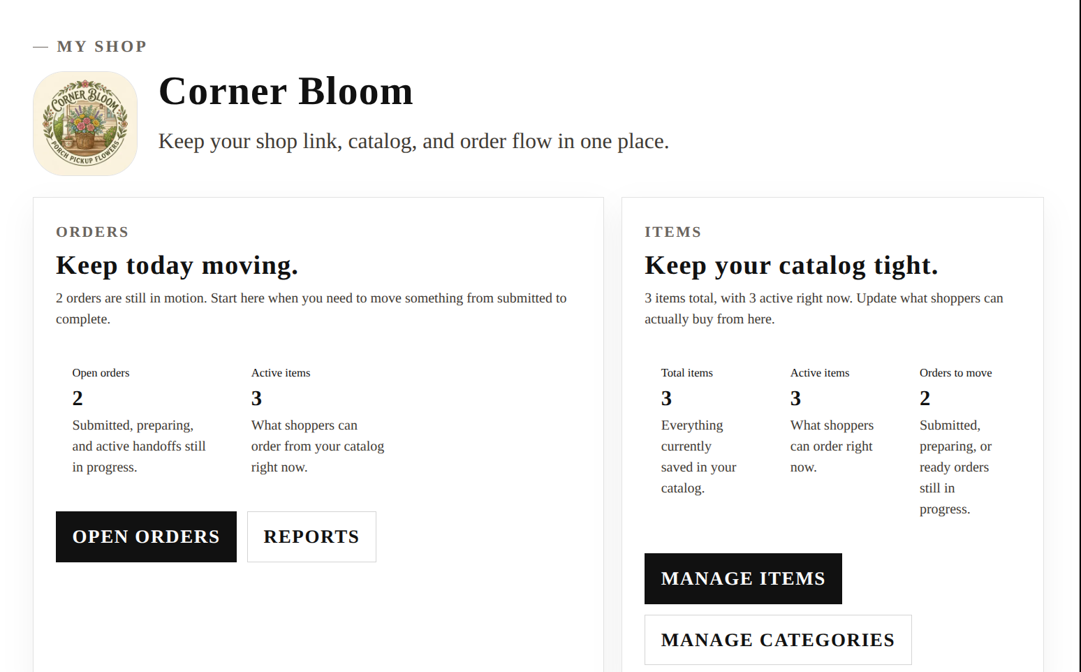 Seller dashboard with orders, items, and shop controls