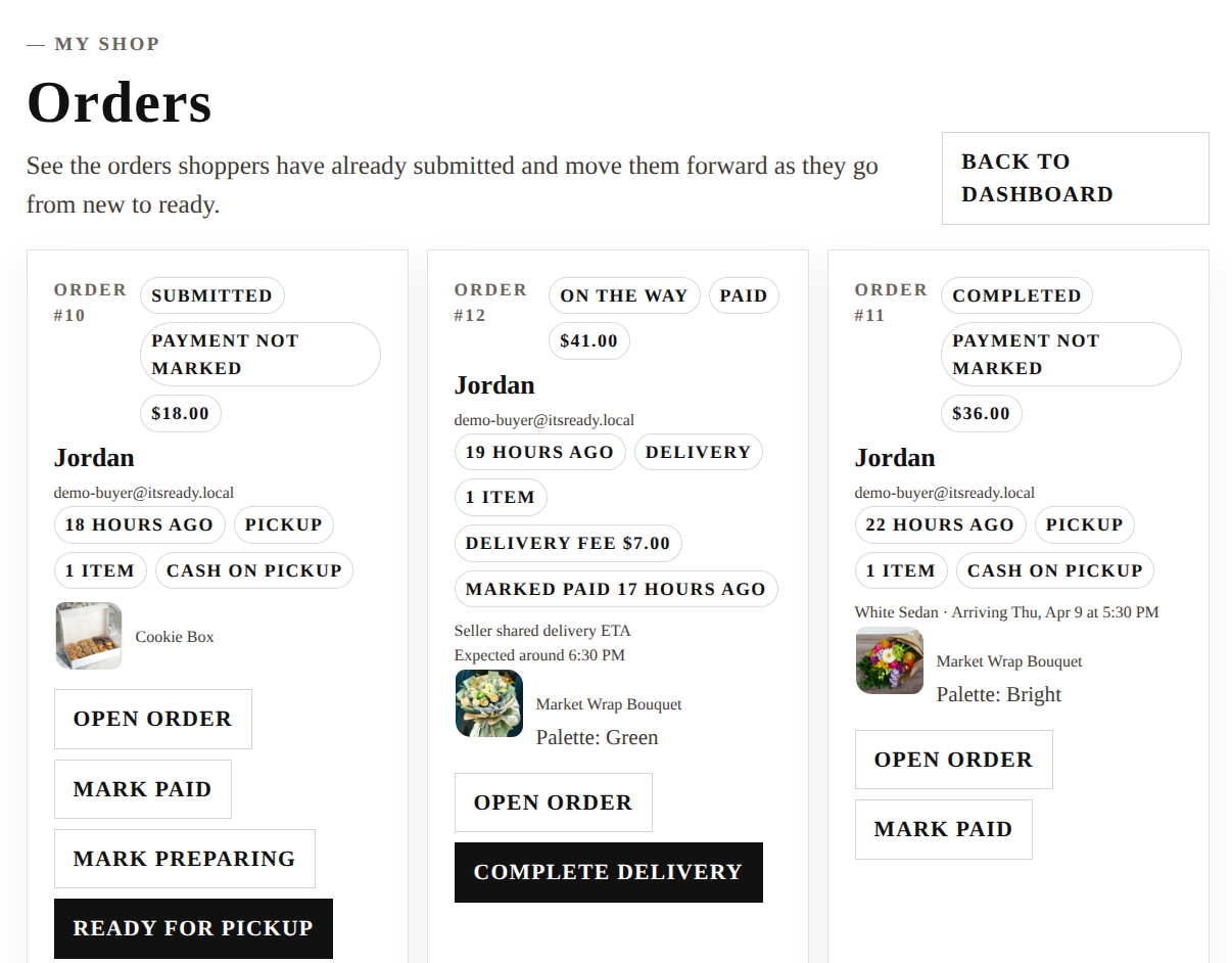 Order detail view with status, items, and delivery proof